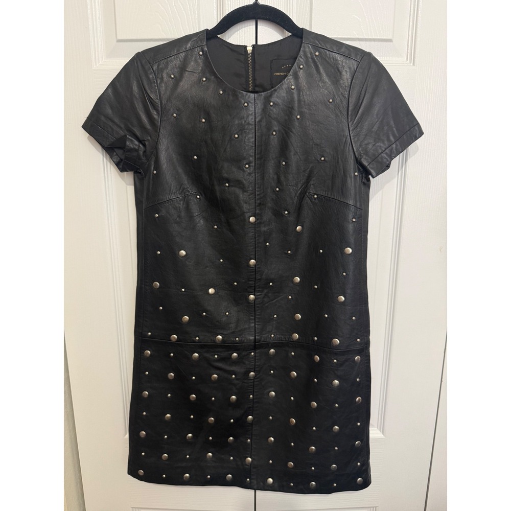 French Connection Black Leather Shift Dress US 2 Studded Rocker Moto Gothic